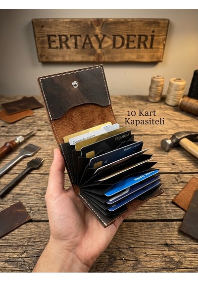 Ertay Deri % 100 Hakiki Deri El Yapımı Çok Bölmeli Cüzdan & Kartlık Koyu Kahve Viral Model Acı Kahverengi