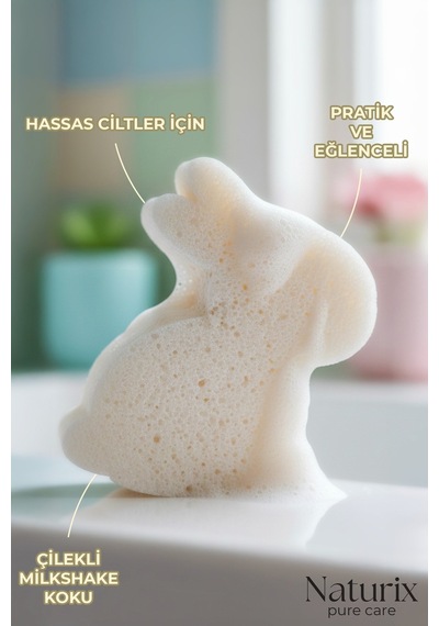 Çilekli Milkshake Kokulu Tavşan Görünümlü Süngerli Çocuk Sabunu 130 Gr Çilek