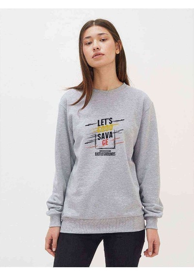 Pubg Savage Baskılı Gri Kadın Sweatshirt