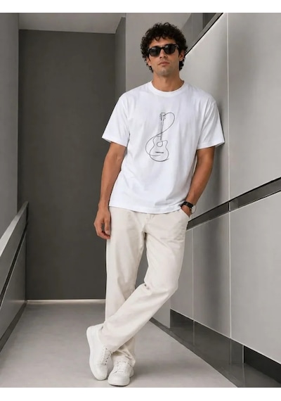 Efnaz Style Erkek Minimal Gitar Baskılı Tişört T-shirt Yazlık Kısa Kol Bisiklet Yaka T-shirt - Beyaz