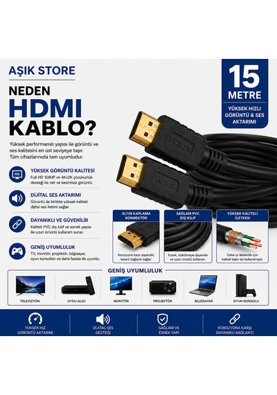 Hdmı Kablo 15 Metre Full Hd 1080p 4kx2k Yüksek Hızlı Görüntü Ve Ses Aktarım Kablosu Altın Kaplama Konnektör Pvc Dış Kılıf