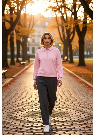 Benerly Kadın Polo Yaka Düşük Kol Fermuarlı Regular Kalıp Örme Sweatshirt Açık Pembe