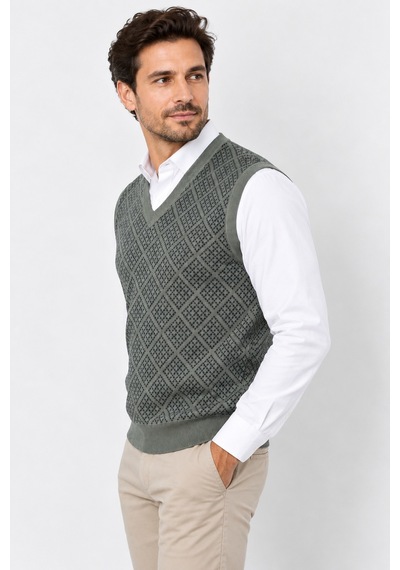 Bihan Store Erkek V Yaka Geometrik Desenli Çift Plaka Örgü Süveter 7837-haki