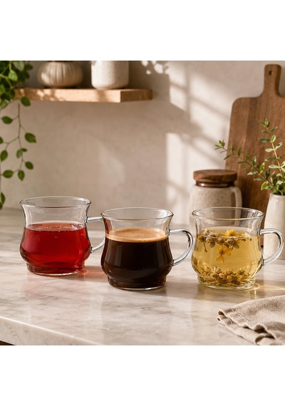 3 Lü Borosilikat Cam Kupa Seti, Kulplu Şeffaf Çay Kahve Latte Ve