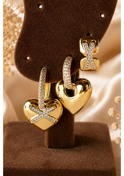 Sertifikalı 316l Çelik Premium Gold Kaplama Zirkon Taşlı X Ve Kalp Motifli Üçlü Asimetrik Kadın Küpe Altın 64551989