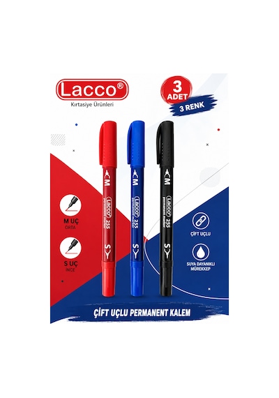 Lacco 255 Permanent Marker Kalem 3'lü Set Çift Uçlu M Ve S Uç Siyah Mavi Kırmızı Kalıcı İşaretleme Kalemi Çok Renkli