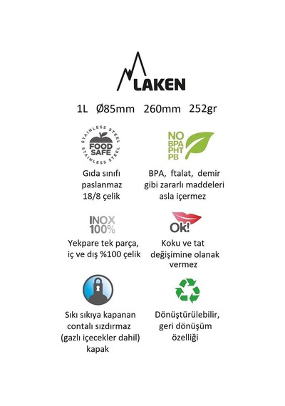 Laken Paslanmaz Çelik Basik Şişe 1 L. S/S Cap Black Lkbsh100Ne Std-Tek Renk