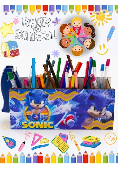 Deepcraft Ahşap Çocuklar İçin Masa Üstü Kare Kalemlik & Organizer-sonic