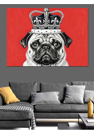 Siyah Beyaz Kraliyet Taçlı Pug Köpek Kırmızı Fon Dekoratif Kanvas - Mdf Ahşap Tablo