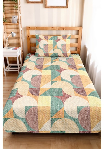 Geometrik Yeşil Genç Odası Tek Kişilik Pike Takımı - Hardal Kahve 160x220 Cm Kapitone Yatak Örtüsü Mat Sepet Esintisi