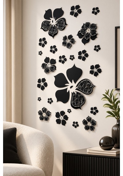 3d Simli Çiçekli Duvar Stickerı 32x50 Cm Siyah Beyaz Modern Salon Yatak Odası Duvar Dekoru Renkli
