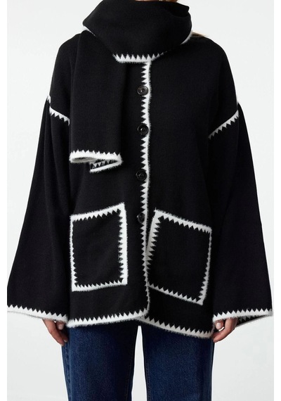 Ersefa Kadın Modern Tarz Oversize Bisiklet Yaka Midi Triko Hırka Siyah