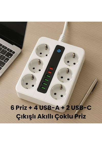 6 Prizli Akım Korumalı Çoklu Priz 4 Usb Şarj Girişli Duvar Tipi Anahtarlı Güvenlik Korumalı 1 - 3 M