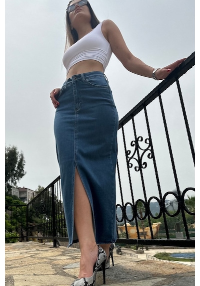 Vikings Jeans Kadın Maxi Denim Etek Likralı Önden Yırtmaçlı Yüksek Bel Mavı Mavi