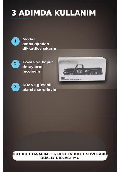 Hot Rod Tasarımlı 1/64 Chevrolet Silverado Dually Diecast Model Araba - Tekli Kutu Bx-313351