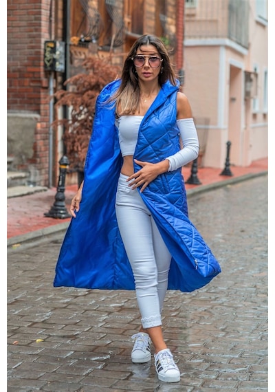Keyifli Moda Kadın Saks Mavi Kapüşonlu Cepli Baklava Desen Uzun Şişme Yelek Saks Mavisi