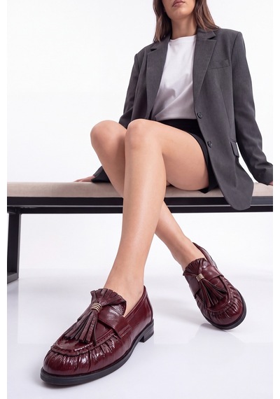 Luvi Shoes Marston Bordo Kırışık Rugan Püsküllü Kadın Loafer Ayakkabı