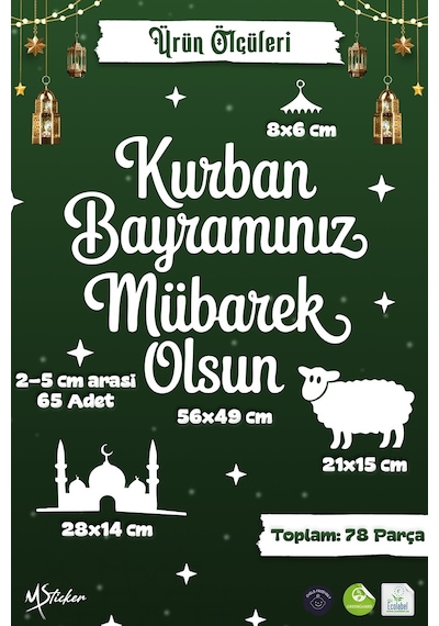 Kurban Bayramınız Mübarek Olsun Cam Sticker Seti Çift Taraflı Beyaz Baskı 78 Parça Bayram Tebrik Dijital Baskı