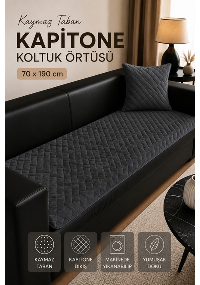 Kaymaz Taban Kapitone Koltuk Örtüsü Çekyat Koruyucu 70x190 Cm Füme