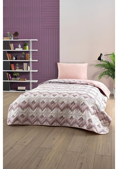 Tek Kişilik Desenli Kapitone Çift Taraflı Renkli Pike Yatak Örtüsü Takımı 160x230 Cm Çarşafsız Pudra Çok Renkli