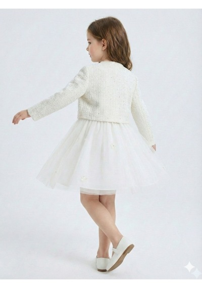 Xo Kids Çiçek Broşlu Krem Renk Prenses Model Kız Çocuk Ceketli Elbise 4-10 Yaş 4422 Ekru