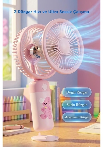 Şarjlı El Vantilatörü Masaüstü Stantlı 3 Kademeli Taşınabilir Mini Fan F56 Pembe