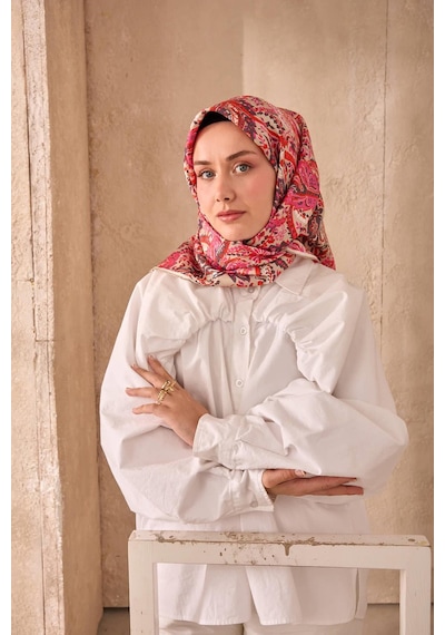 Twill İpek Eşarp 11473-42 Açık Vizon, Nar Çiçeği, Pembe, Antrasit