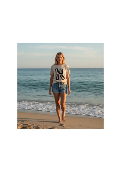 Urbantrendstore Unisex Love Kalp Oversize Fit Rahat Geniş Salaş T-shirt Günlük Tişört Bej