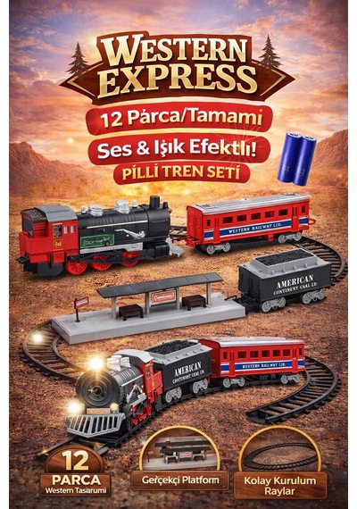 Western Express Pilli Tren Seti 12 Parça Işıklı Hareketli Klasik Tren Macerası