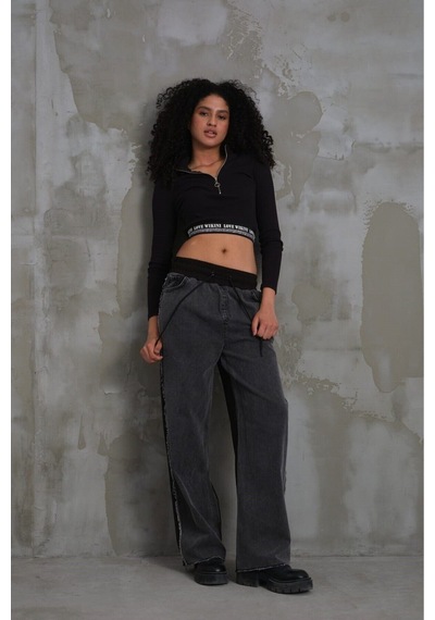022 Kadın Yan Püsküllü Bol Paça Penye Kot Denim Pantolon Gri Melanj
