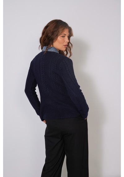 Denim Yaka Detaylı Peplum Triko Kazak Lacivert