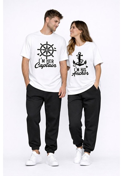 Sevgili Kombini Oversize Çift Tişört Unisex Captain Anchor Baskıl Beyaz