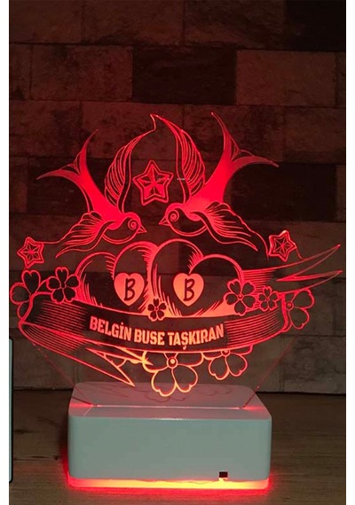 Sevgiliye Özel Sen & Ben Ve Kuşlar 3D Led Lamba