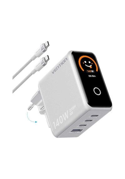 Vention Dash Pro Serisi 140w Gan 5.0 Multi-port Şarj Cihazı Akıllı Dijital Ekran Ve Emoji Göstergeli, Pd 3.1, 3x Usb-c + 1x Usb-a - 240w E-marker Kablo Dahil Beyaz