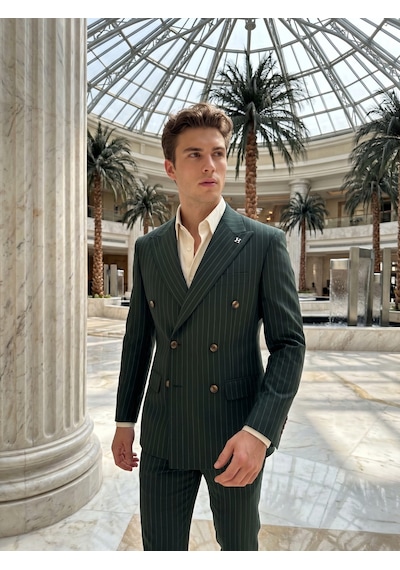 Hermose Sartorial Zümrüt Yeşili Çizgili Kruvaze Takım Elbise Yeşil