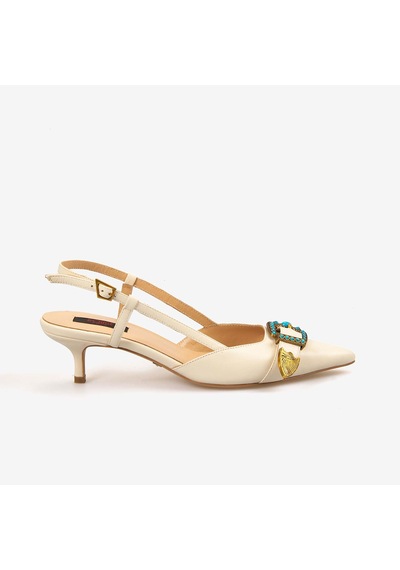 Rouge Kadın Taşlı Toka Detaylı Slingback Sivri Burun 6cm Topuklu Ayakkabı 7124 Bej