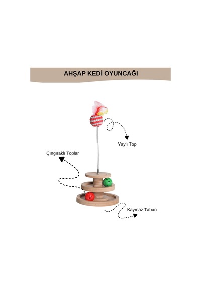 Ahşap - Kedi Oyuncağı - Çok Amaçlı Kullanım Çıngıraklı Ve Yaylı Top İçermektedir