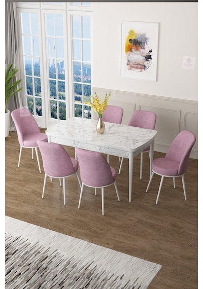 Canisa Concept Zen Serisi 80x132 Mdf Açılabilir Beyaz Mermer Desen Masa Takımı Ve 6 Pembe Sandalye Masa Beyaz/sandalyeler Pembe Canisa Concept Zen Serisi 80x132 Mdf Açılabilir Beyaz Mermer Desen Masa Takımı Ve 6 Pembe Sandalye Masa Beyaz/sandalyeler Pembe