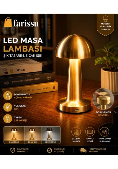Şarj Edilebilir Dokunmatik Led Mantar Masa Lambası Çok Renkli