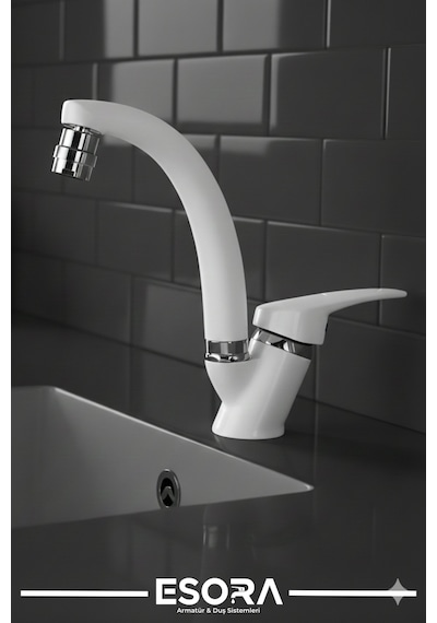 Beyaz Krom Mix Oynar Başlıklı Lavabo Bataryası Çift Su Grişli Çeşme Banyo Musluğu Mutfak Çeşmesi Beyaz - Krom