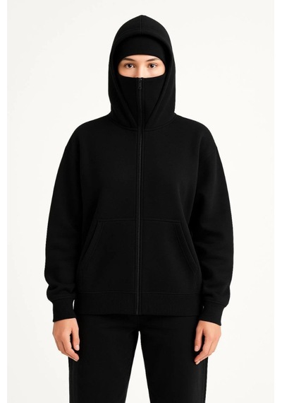 Efnaz Style Samuray Ninja Çift Kapşonlu Zıp Fermuarlı Kanguru Çepli Hoodie Maske Detaylı Swetshirt - Siyah Efnaz Style Samuray Ninja Çift Kapşonlu Zıp Fermuarlı Kanguru Çepli Hoodie Maske Detaylı Swetshirt - Siyah