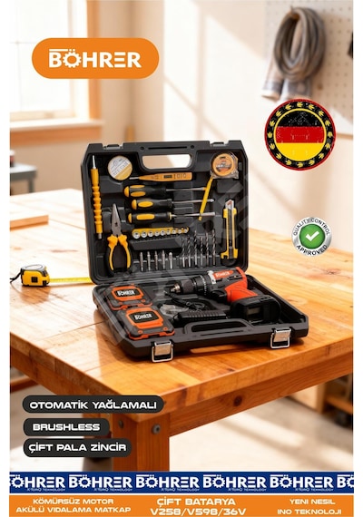 Böhrer Ba011155 Profeyonel Penseli + Full Set Yeni Model Kömürsüz 36v 5ah Çift Batarya Şarjlı Akülü Vidalama Matkap