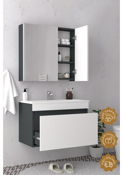Teta Home Mersin 65 Cm Mdf Banyo Dolabı Seti Antrasit - Beyaz Teta Home Mersin 65 Cm Mdf Banyo Dolabı Seti Antrasit - Beyaz