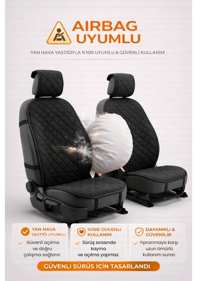 Oto Koltuk Kılıfı Tay Tüyü 2'li Ön Minder Terletmez Kaymaz Airbag Uyumlu - Siyah