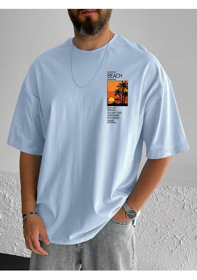 T-shirt - Beach Baskılı Oversize Bisiklet Yaka Kısa Kol Tişört Bebe Mavisi