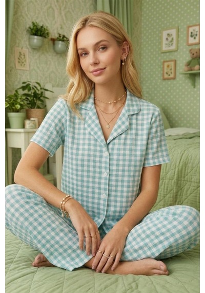 Kare Desenli Bürümçük Kumaş Kısa Kollu Pijama Takımı 6065 Su Yeşili