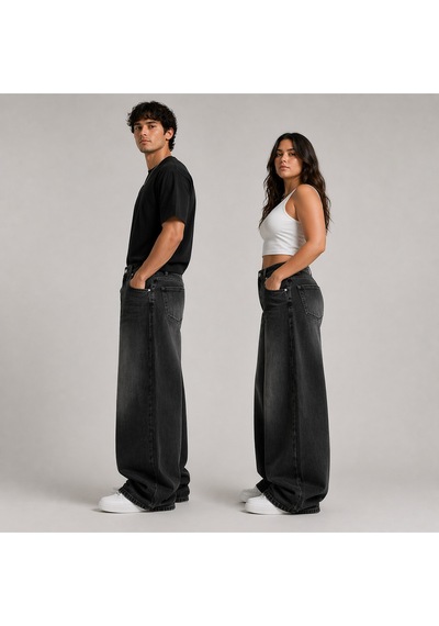 St.poll Eskitme Yıkamalı Unisex Büyük Beden Baggy Jean Pantolon Siyah