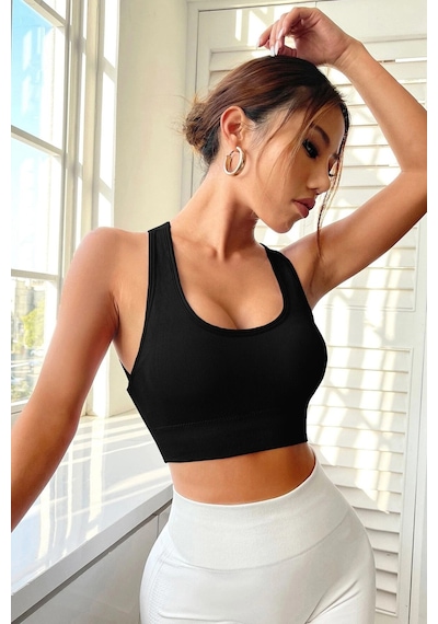 Epilons Zenviaatt2 Kadın Siyah Sırtı Çapraz Lastik Detaylı Crop Top Bluz Zenvi312