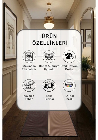 Kahve Çizgi Dijital Baskılı Kaymaz Yıkanabilir Yolluk