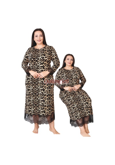 Lady Loepar Desenli Siyah Renkli 7284 Kadın, Uzun Kol Ve Dantel Detaylı Büyük Beden Anne Gecelik, Elbise Leopar